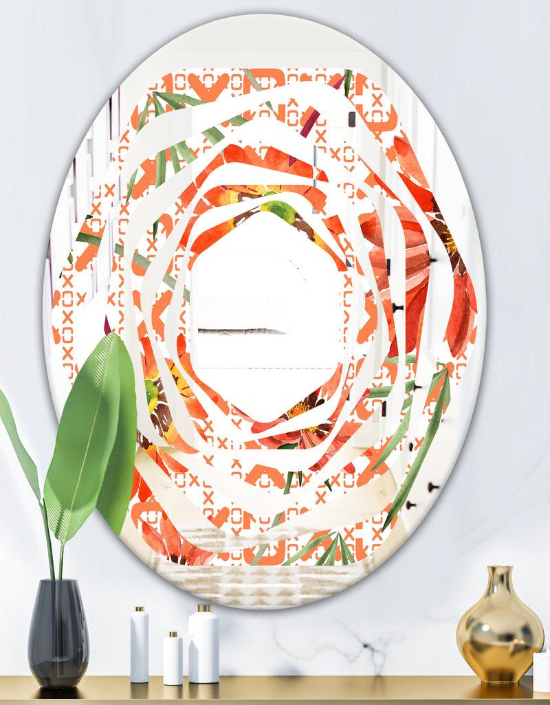 DesignQ Floral Botanical Retro I - Modern Round Or Oval Wall Mirror - Whirl