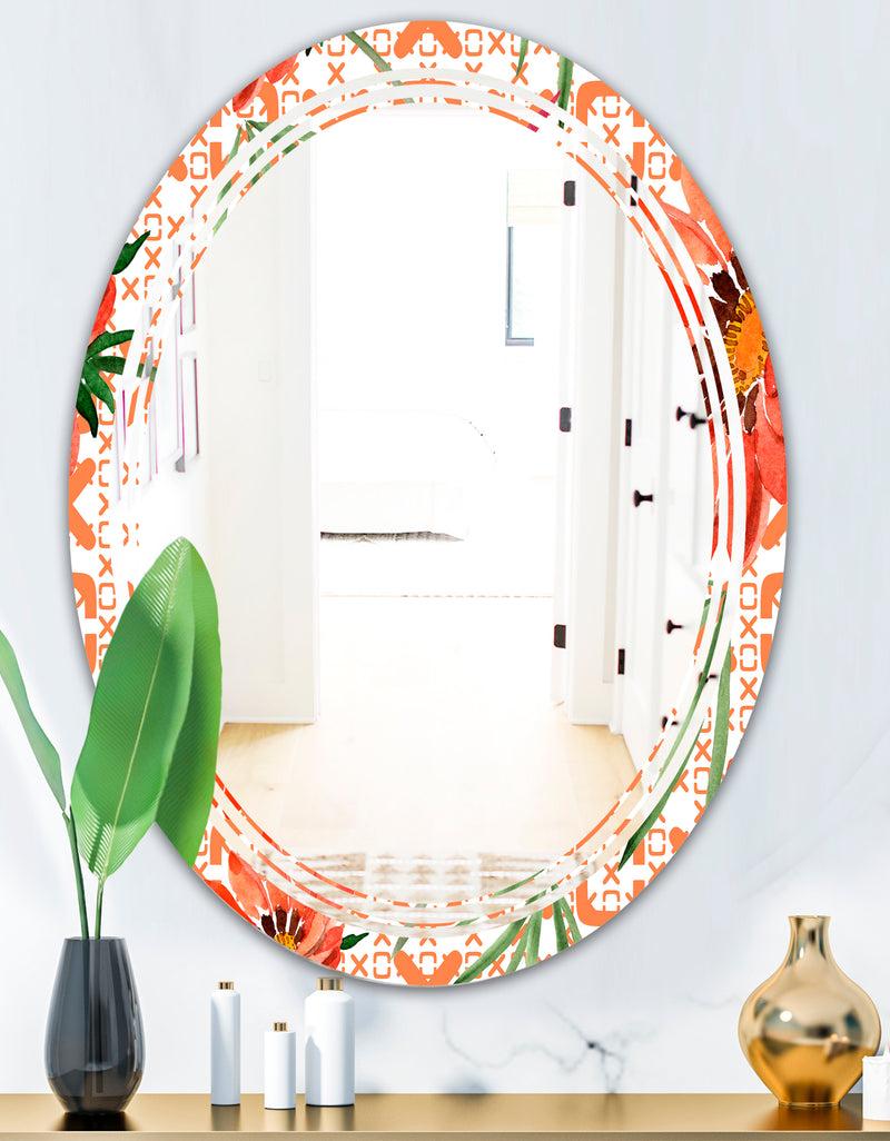 DesignQ Floral Botanical Retro I - Modern Round Or Oval Wall Mirror - Triple C