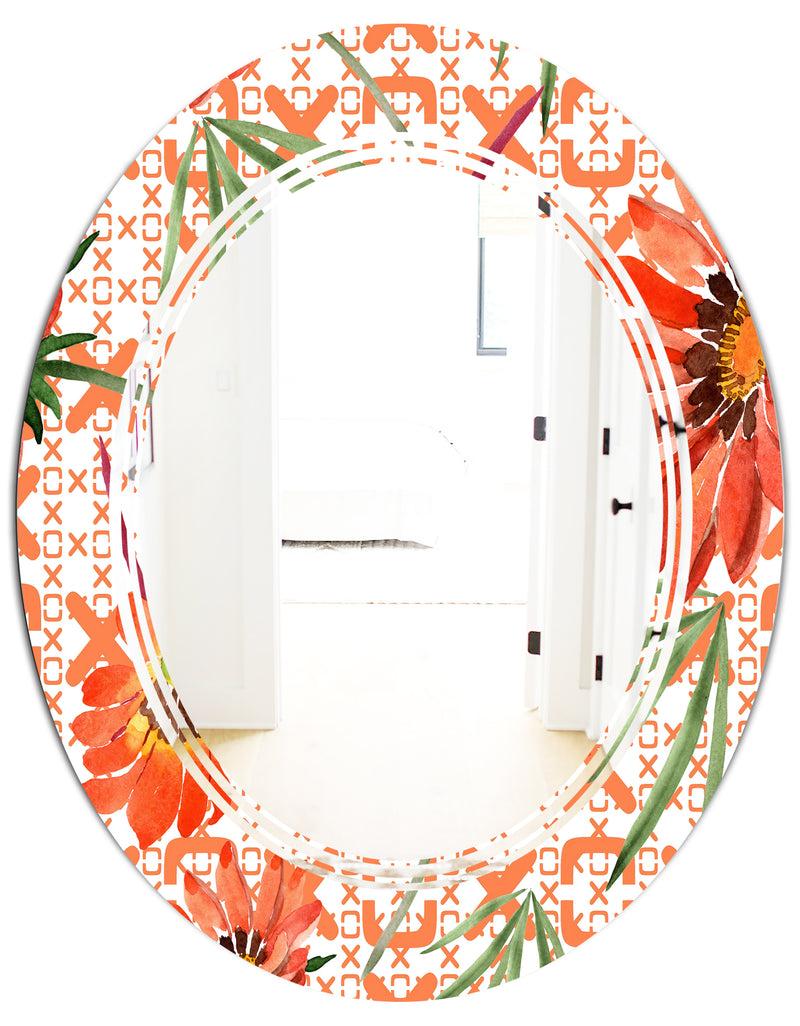 DesignQ Floral Botanical Retro I - Modern Round Or Oval Wall Mirror - Triple C