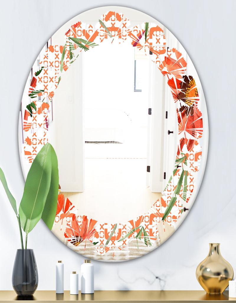 DesignQ Floral Botanical Retro I - Modern Round Or Oval Wall Mirror - Leaves