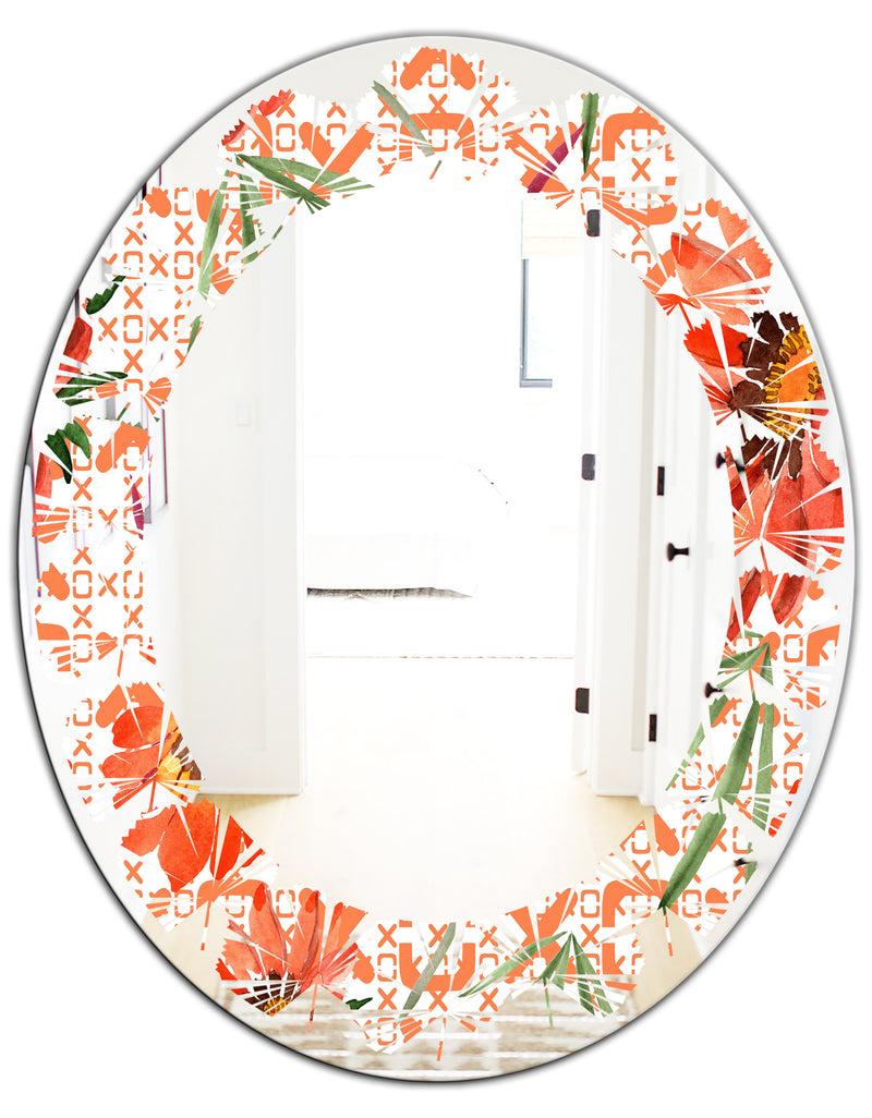 DesignQ Floral Botanical Retro I - Modern Round Or Oval Wall Mirror - Leaves