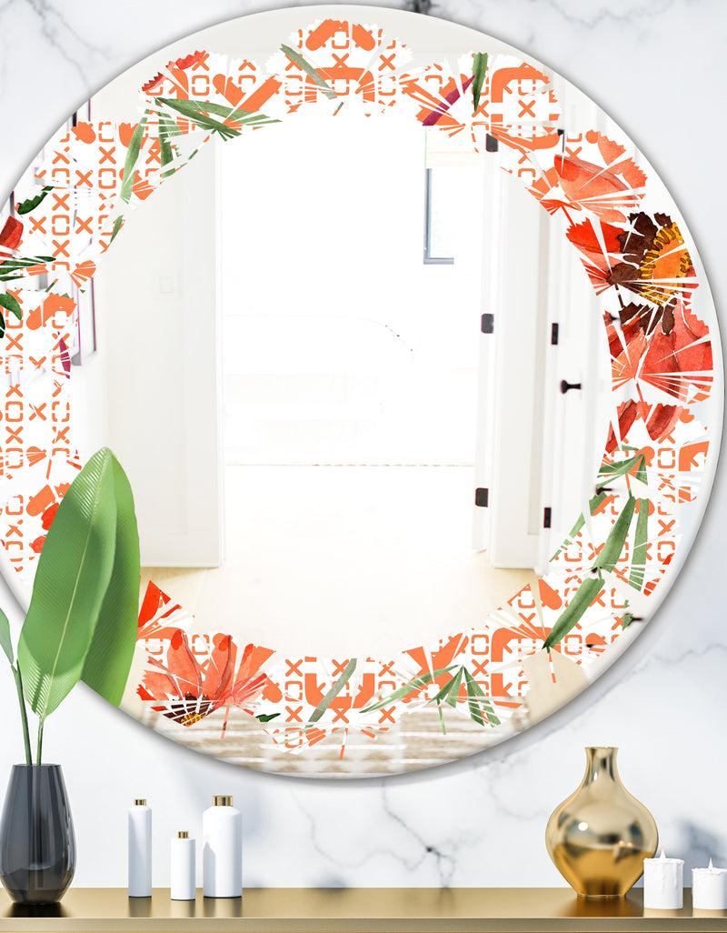DesignQ Floral Botanical Retro I - Modern Round or Oval Wall Mirror - Leaves