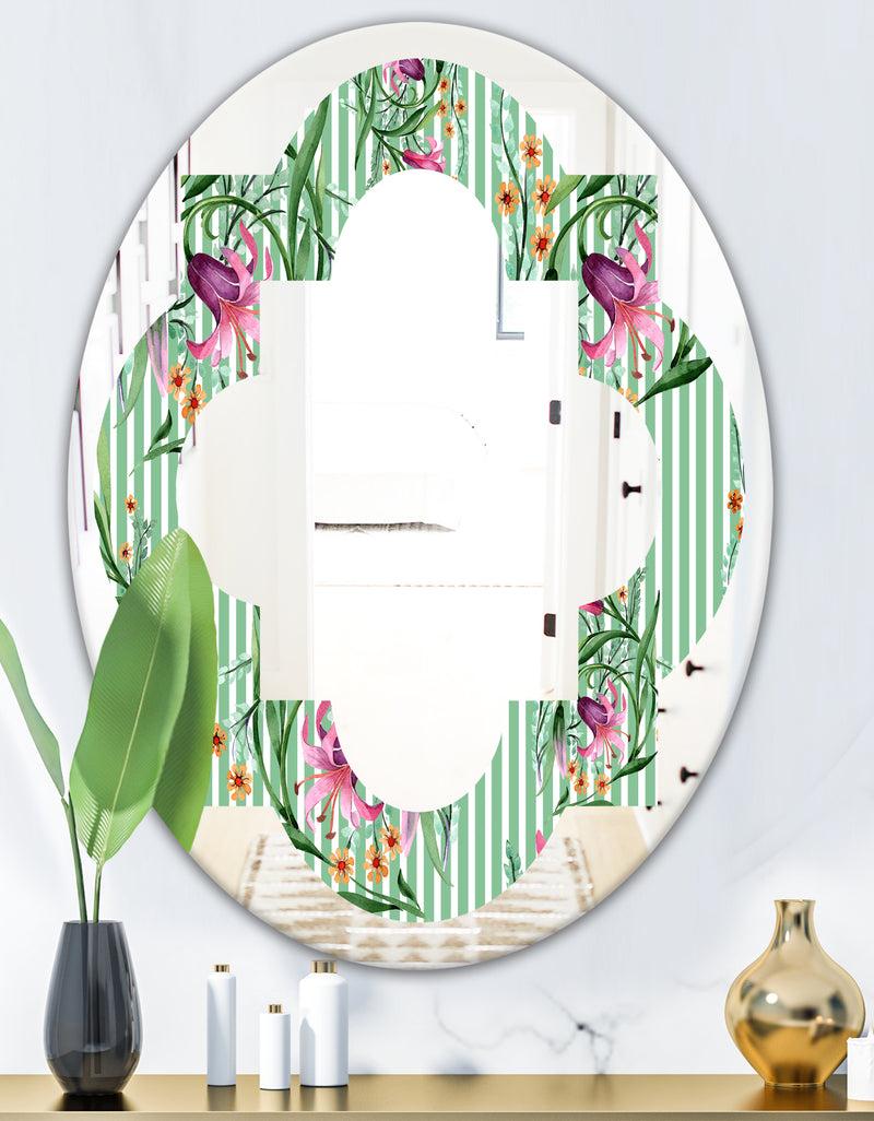 DesignQ Floral Botanical Retro IX - Modern Round Or Oval Wall Mirror - Quatrefoil