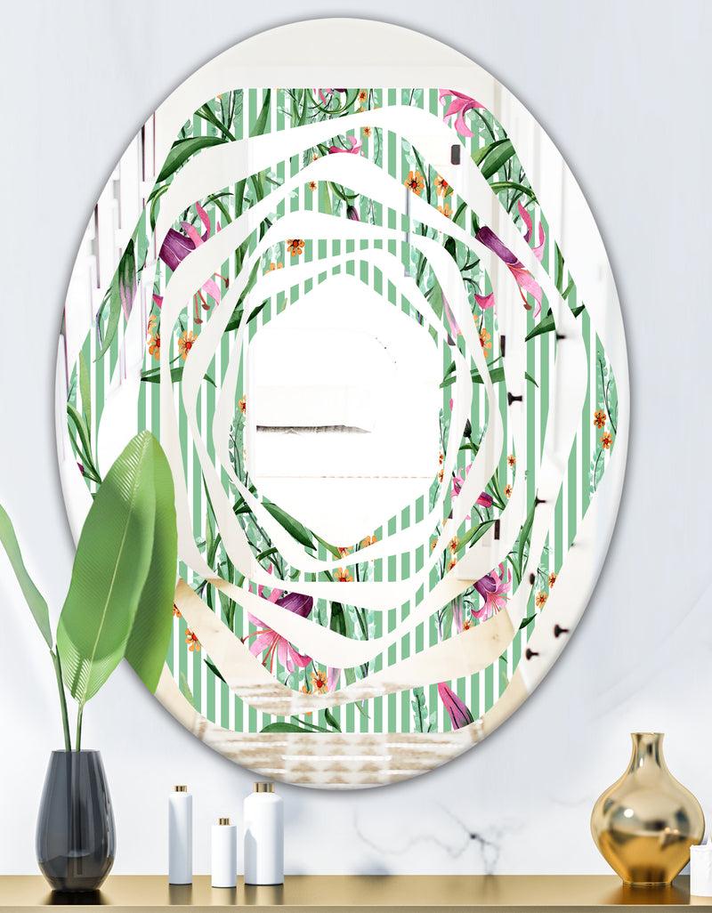 DesignQ Floral Botanical Retro IX - Modern Round Or Oval Wall Mirror - Whirl
