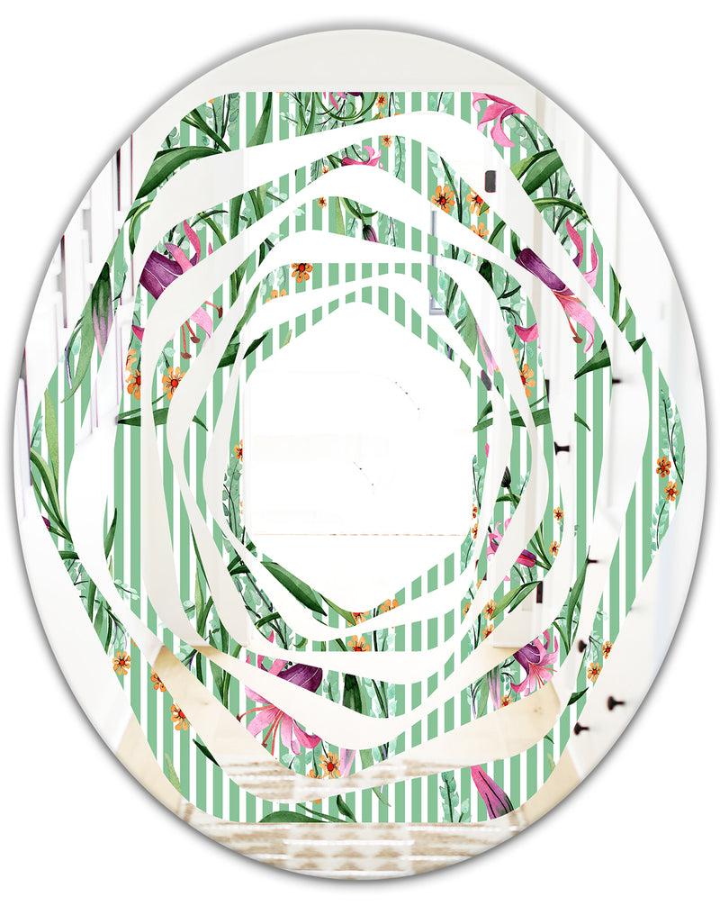 DesignQ Floral Botanical Retro IX - Modern Round Or Oval Wall Mirror - Whirl