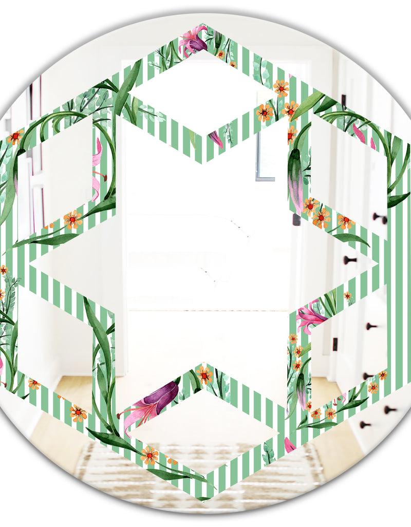 DesignQ Floral Botanical Retro IX - Modern Round Or Oval Wall Mirror - Hexagon Star