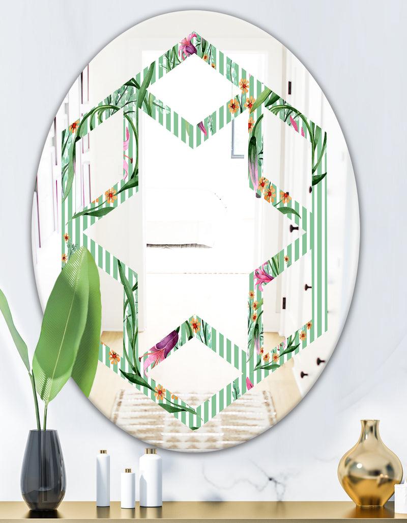DesignQ Floral Botanical Retro IX - Modern Round Or Oval Wall Mirror - Hexagon Star