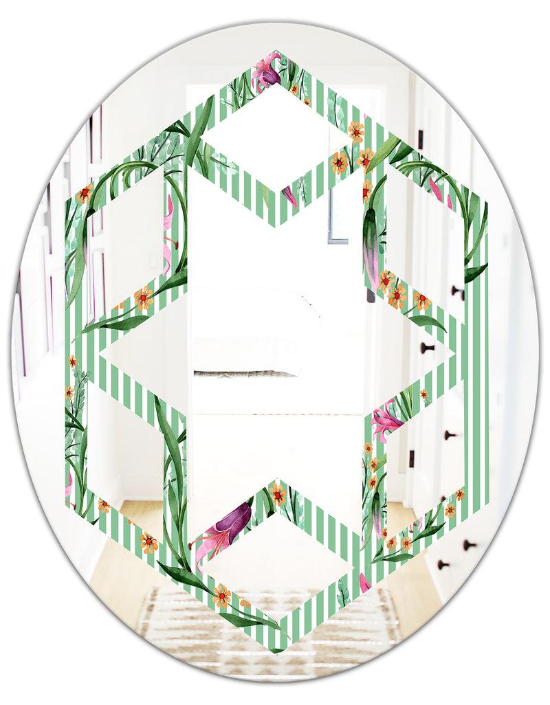 DesignQ Floral Botanical Retro IX - Modern Round Or Oval Wall Mirror - Hexagon Star