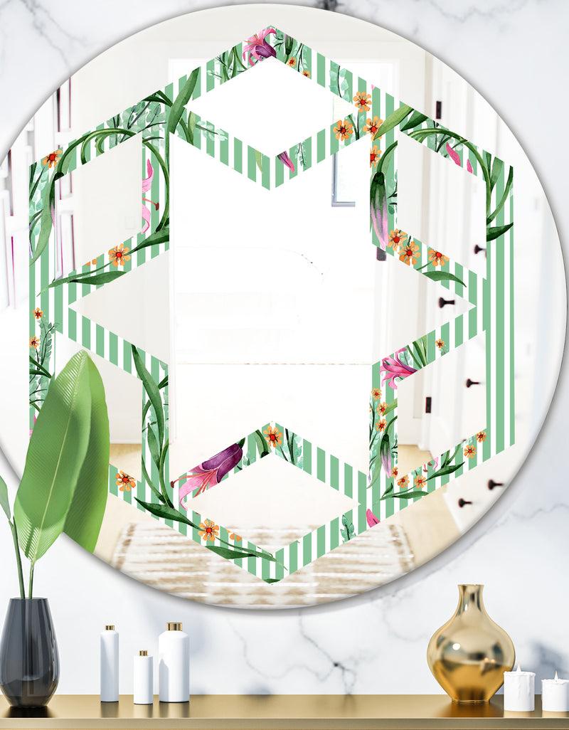 DesignQ Floral Botanical Retro IX - Modern Round or Oval Wall Mirror - Hexagon Star