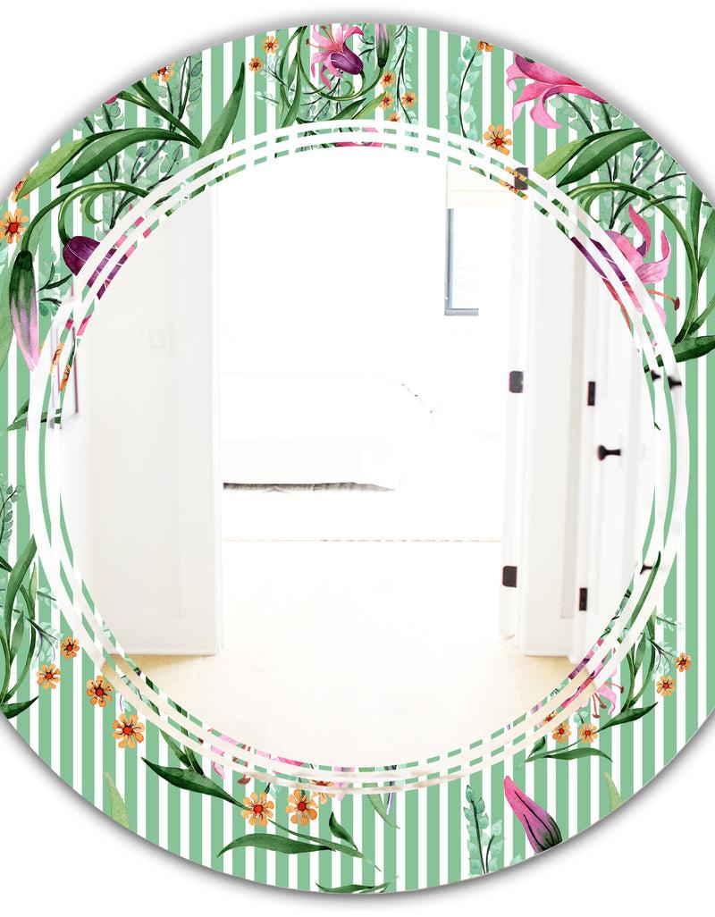 DesignQ Floral Botanical Retro IX - Modern Round Or Oval Wall Mirror - Triple C
