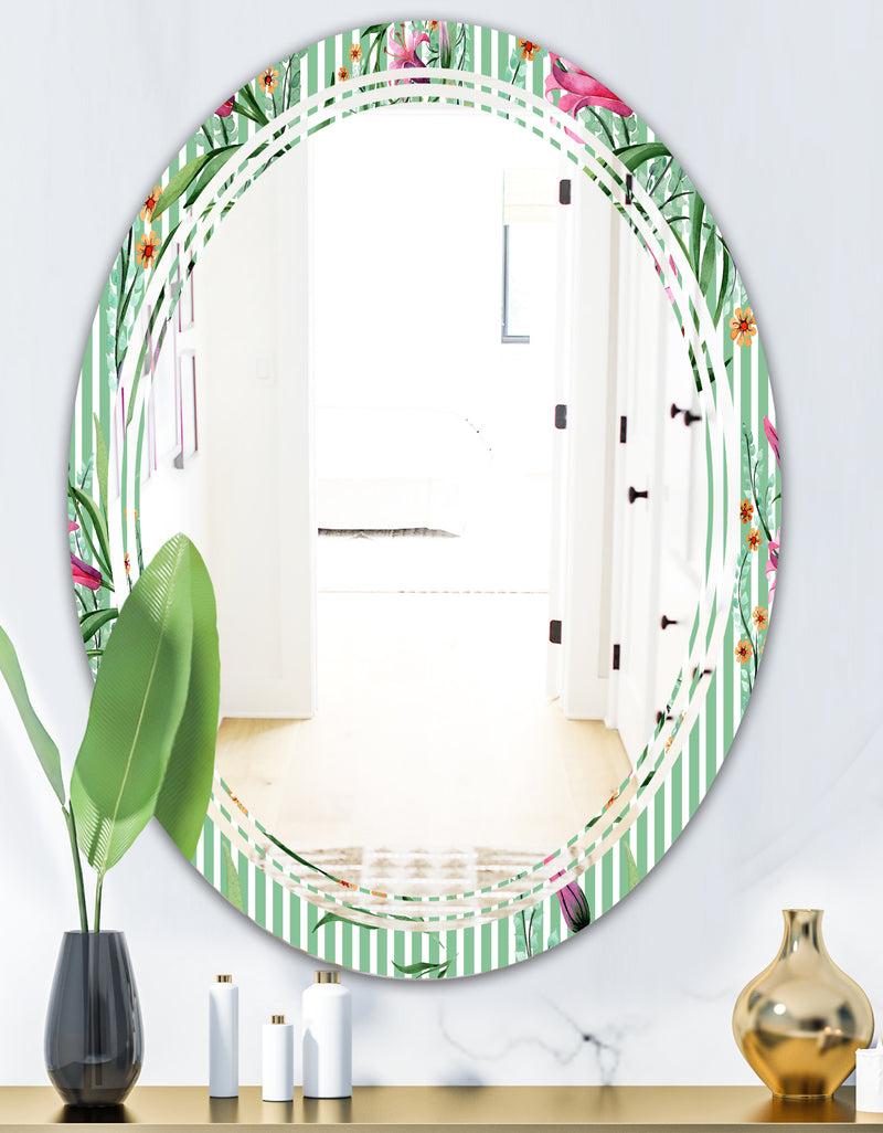 DesignQ Floral Botanical Retro IX - Modern Round Or Oval Wall Mirror - Triple C