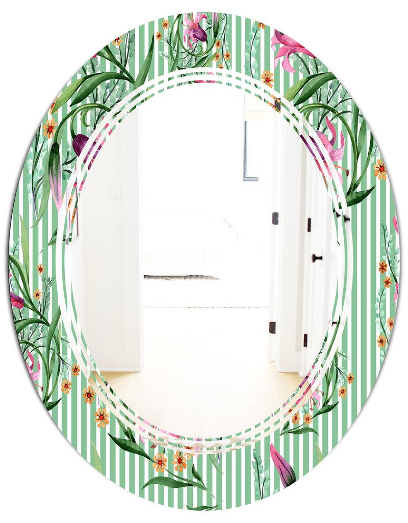DesignQ Floral Botanical Retro IX - Modern Round Or Oval Wall Mirror - Triple C
