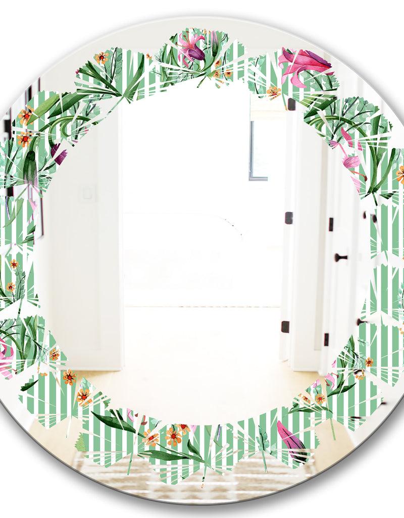 DesignQ Floral Botanical Retro IX - Modern Round Or Oval Wall Mirror - Leaves