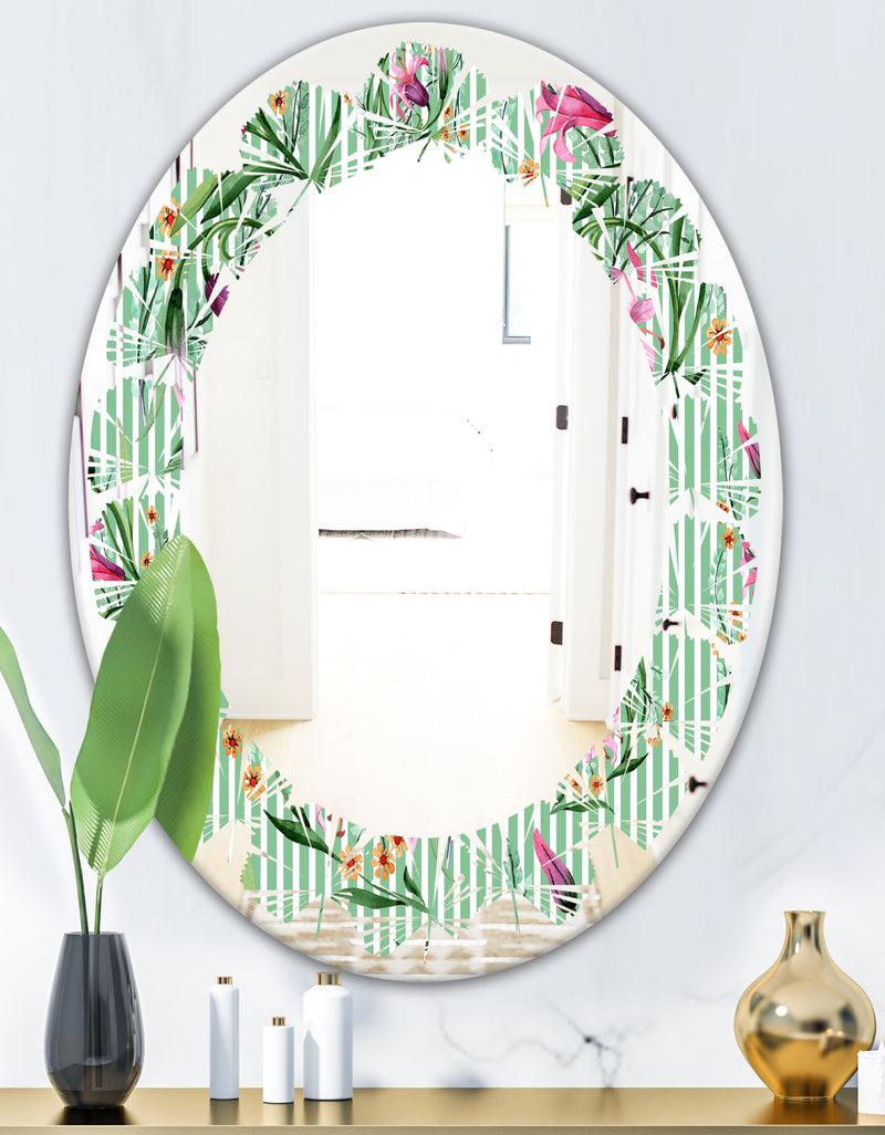 DesignQ Floral Botanical Retro IX - Modern Round Or Oval Wall Mirror - Leaves