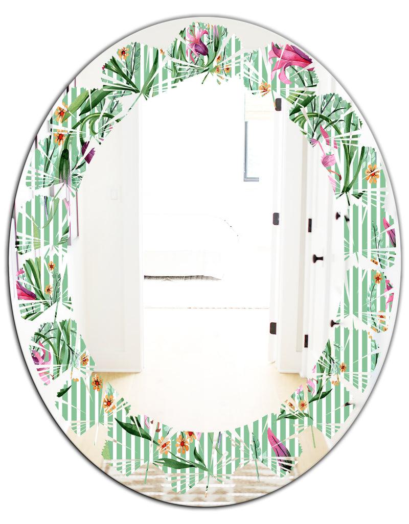 DesignQ Floral Botanical Retro IX - Modern Round Or Oval Wall Mirror - Leaves