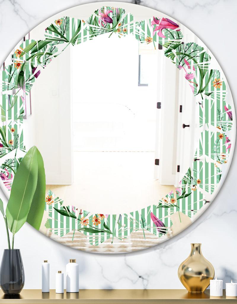 DesignQ Floral Botanical Retro IX - Modern Round or Oval Wall Mirror - Leaves