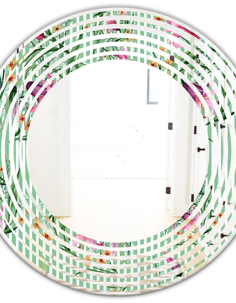 DesignQ Floral Botanical Retro IX - Modern Round Or Oval Wall Mirror - Wave