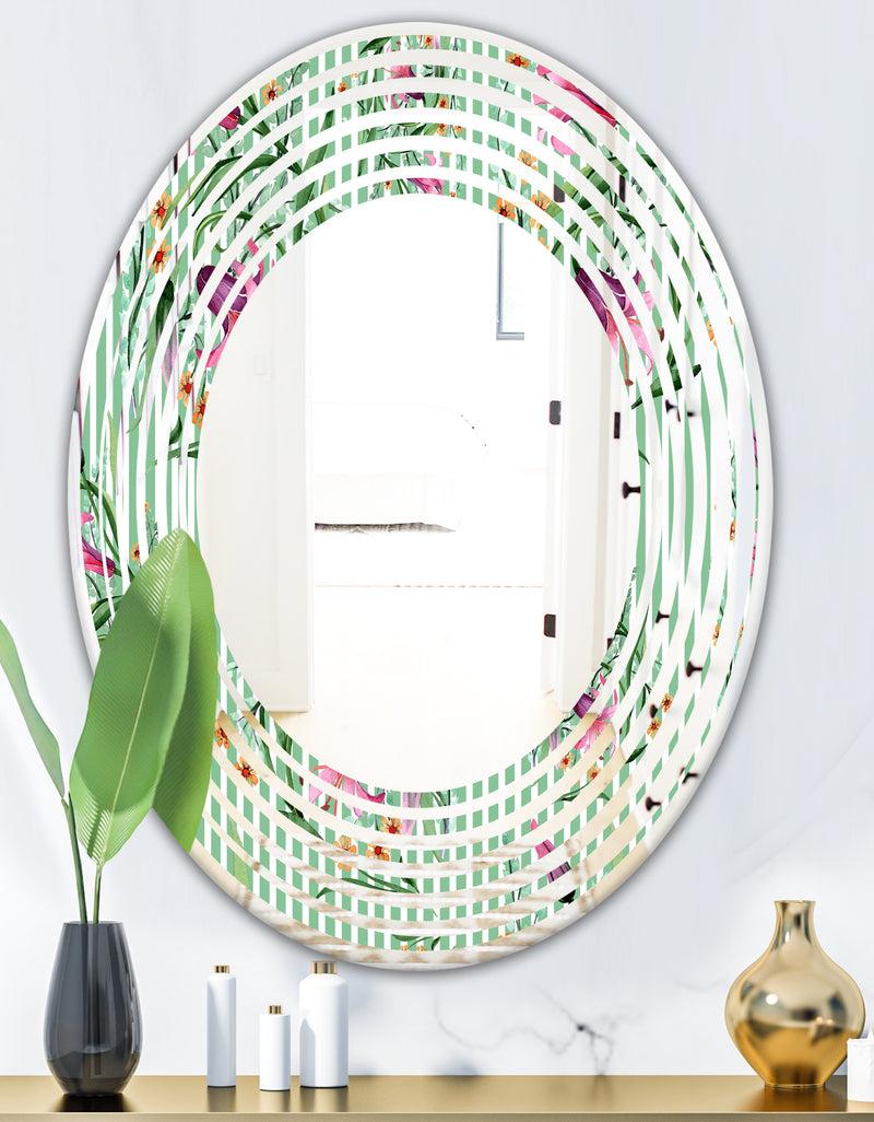 DesignQ Floral Botanical Retro IX - Modern Round Or Oval Wall Mirror - Wave