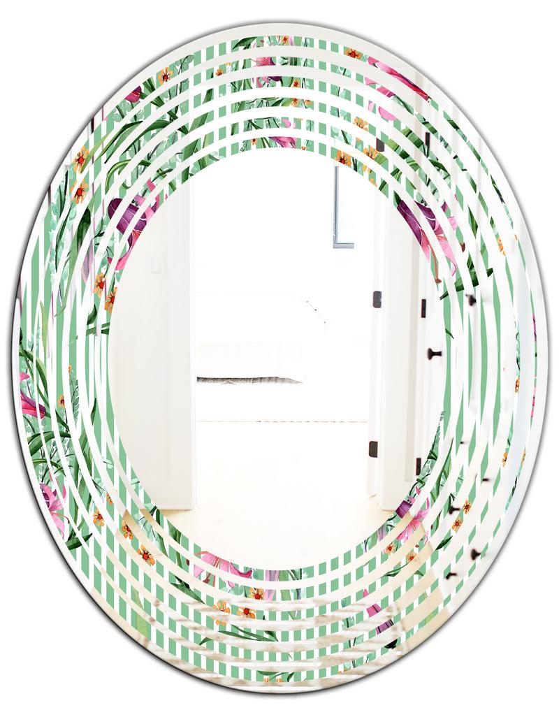 DesignQ Floral Botanical Retro IX - Modern Round Or Oval Wall Mirror - Wave