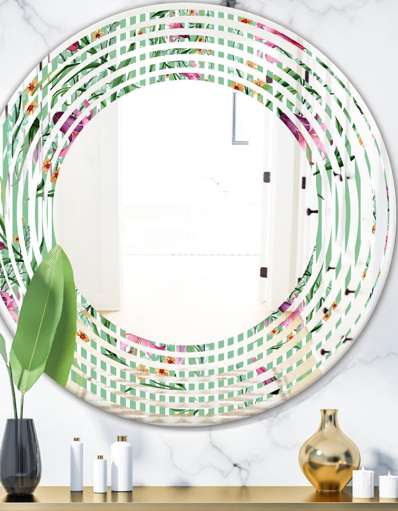 DesignQ Floral Botanical Retro IX - Modern Round or Oval Wall Mirror - Wave