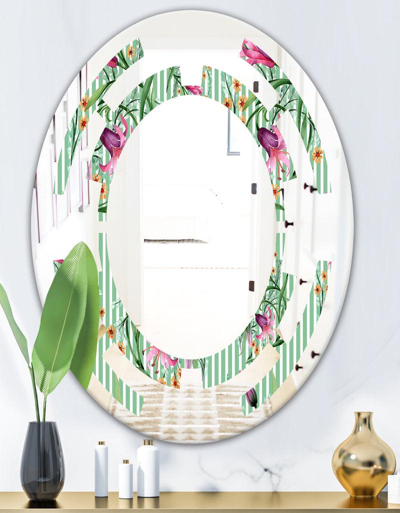 DesignQ Floral Botanical Retro IX - Modern Round Or Oval Wall Mirror - Space