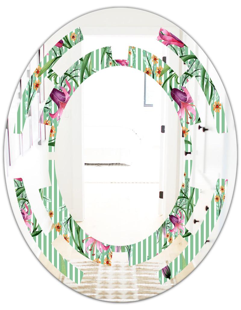 DesignQ Floral Botanical Retro IX - Modern Round Or Oval Wall Mirror - Space