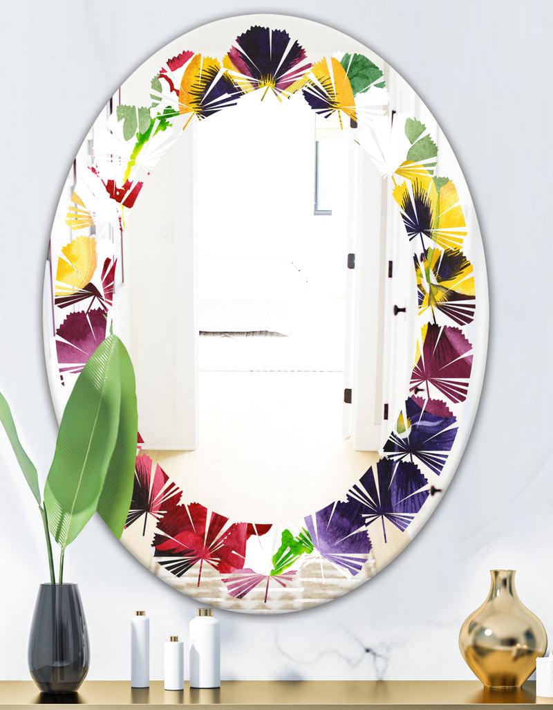 DesignQ Floral Botanical Retro VIII - Modern Round Or Oval Wall Mirror - Leaves