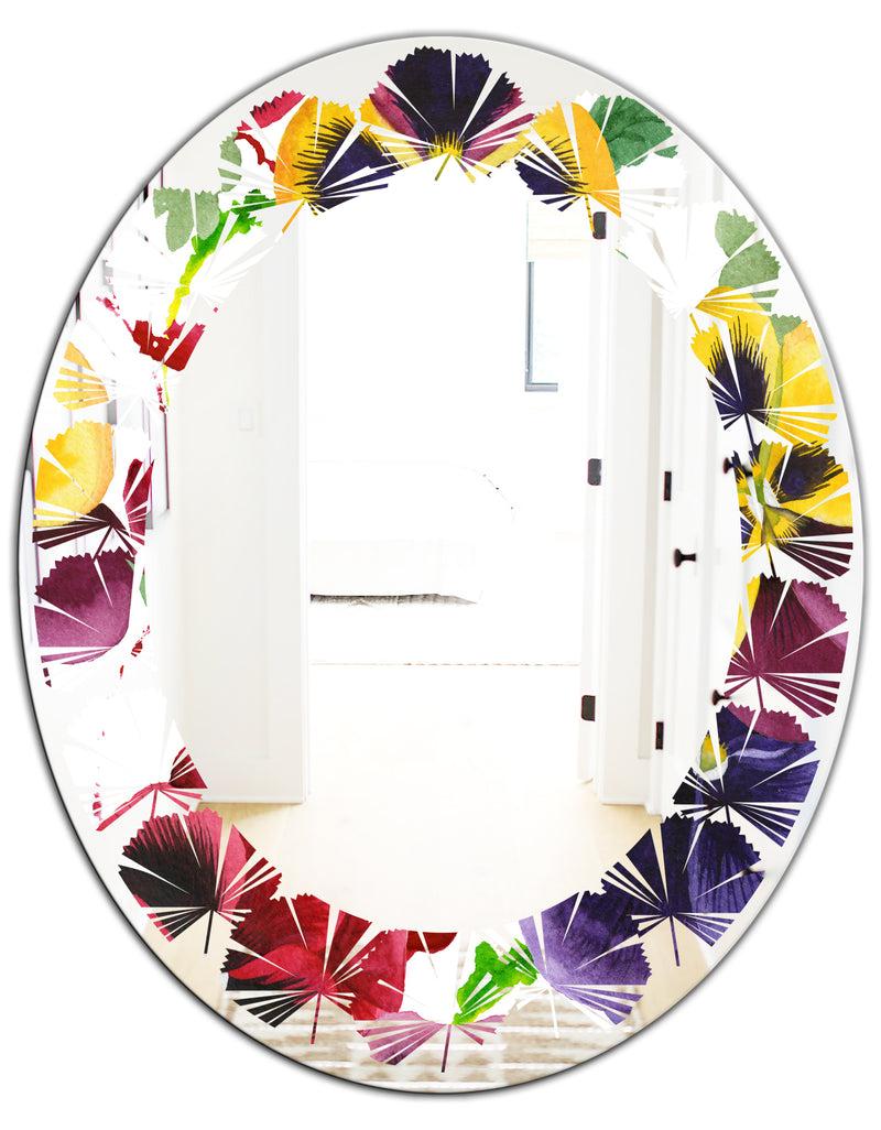 DesignQ Floral Botanical Retro VIII - Modern Round Or Oval Wall Mirror - Leaves