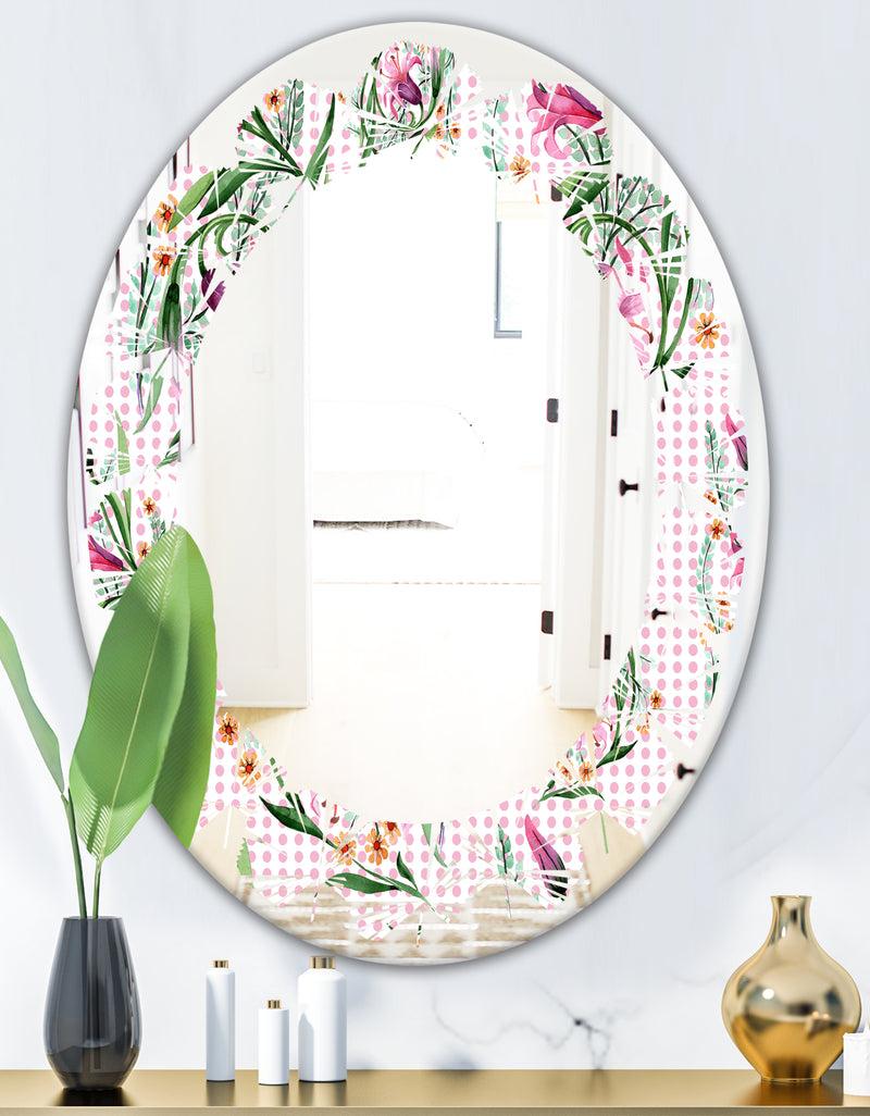 DesignQ Floral Botanical Retro X - Modern Round Or Oval Wall Mirror - Leaves