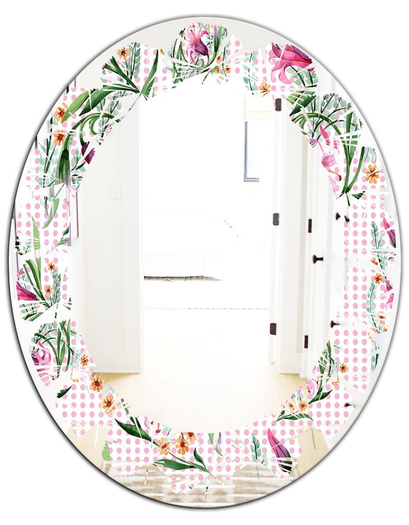 DesignQ Floral Botanical Retro X - Modern Round Or Oval Wall Mirror - Leaves