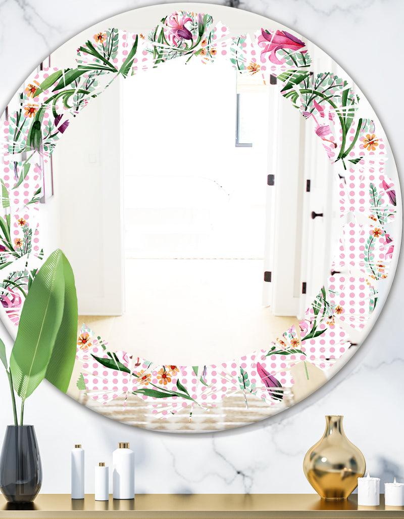 DesignQ Floral Botanical Retro X - Modern Round or Oval Wall Mirror - Leaves