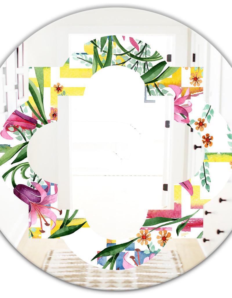 DesignQ Floral Botanical Retro XI - Cottage Round Or Oval Wall Mirror - Quatrefoil