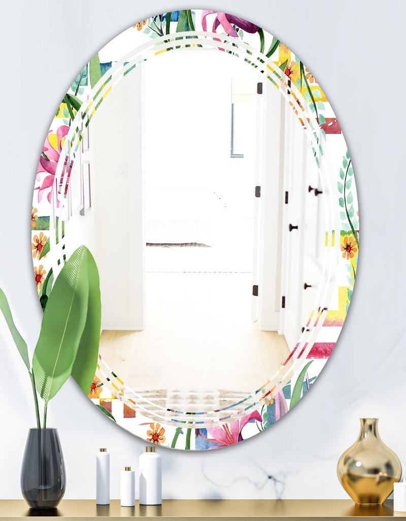 DesignQ Floral Botanical Retro XI - Cottage Round Or Oval Wall Mirror - Triple C