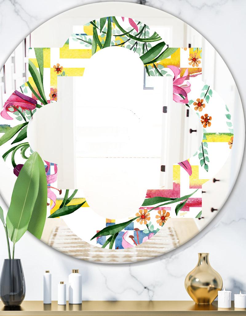 DesignQ Floral Botanical Retro XI - Cottage Round or Oval Wall Mirror - Quatrefoil