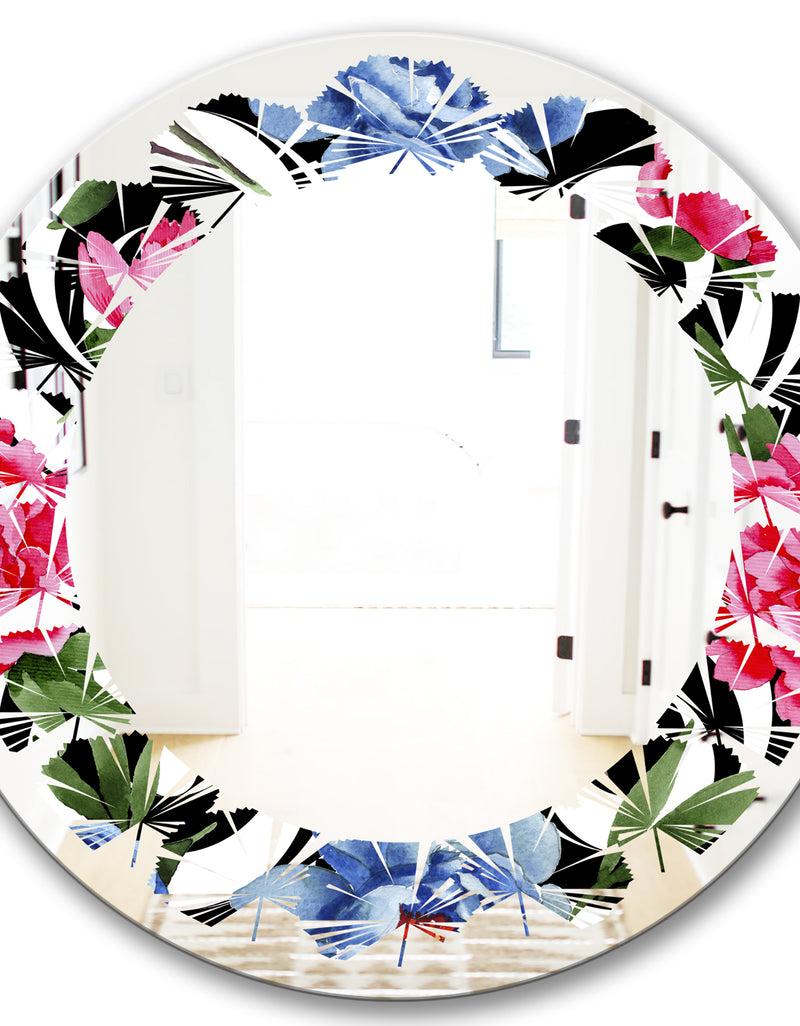 DesignQ Floral Retro Pattern I - Modern Round Or Oval Wall Mirror - Leaves
