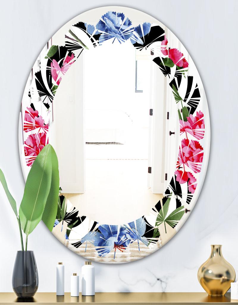 DesignQ Floral Retro Pattern I - Modern Round Or Oval Wall Mirror - Leaves