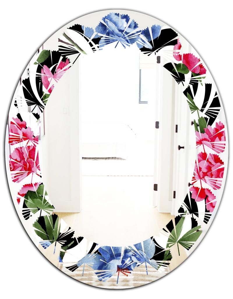 DesignQ Floral Retro Pattern I - Modern Round Or Oval Wall Mirror - Leaves