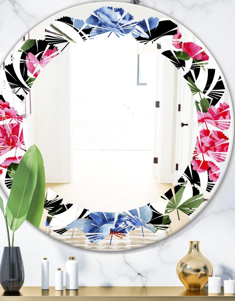 DesignQ Floral Retro Pattern I - Modern Round or Oval Wall Mirror - Leaves