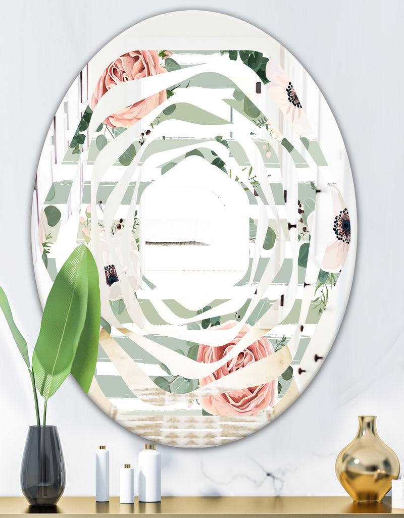 DesignQ Floral Retro Pattern V - Cottage Round Or Oval Wall Mirror - Whirl