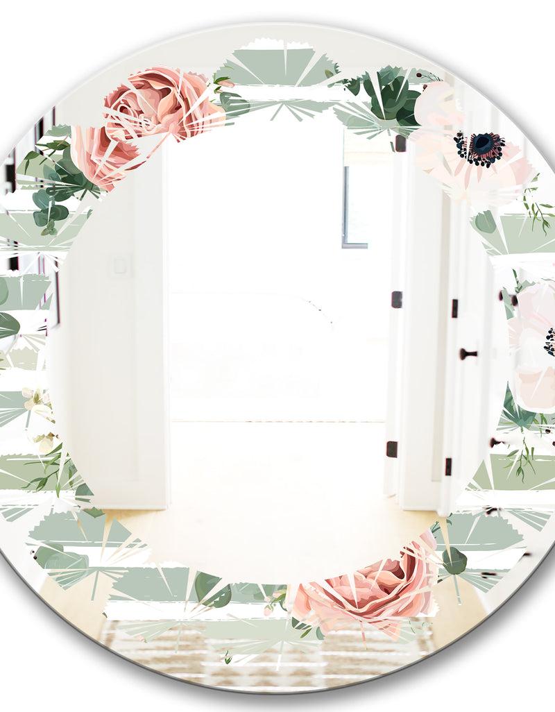 DesignQ Floral Retro Pattern V - Cottage Round Or Oval Wall Mirror - Leaves