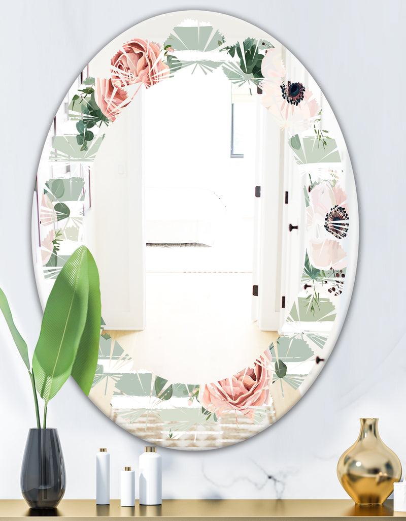 DesignQ Floral Retro Pattern V - Cottage Round Or Oval Wall Mirror - Leaves