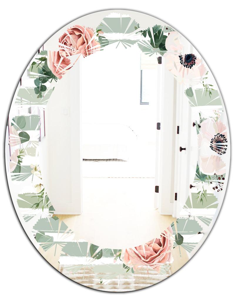 DesignQ Floral Retro Pattern V - Cottage Round Or Oval Wall Mirror - Leaves