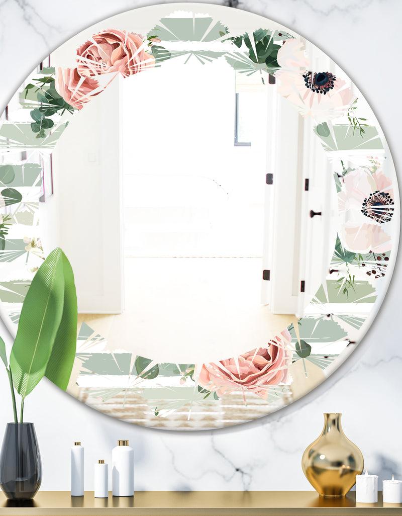 DesignQ Floral Retro Pattern V - Cottage Round or Oval Wall Mirror - Leaves