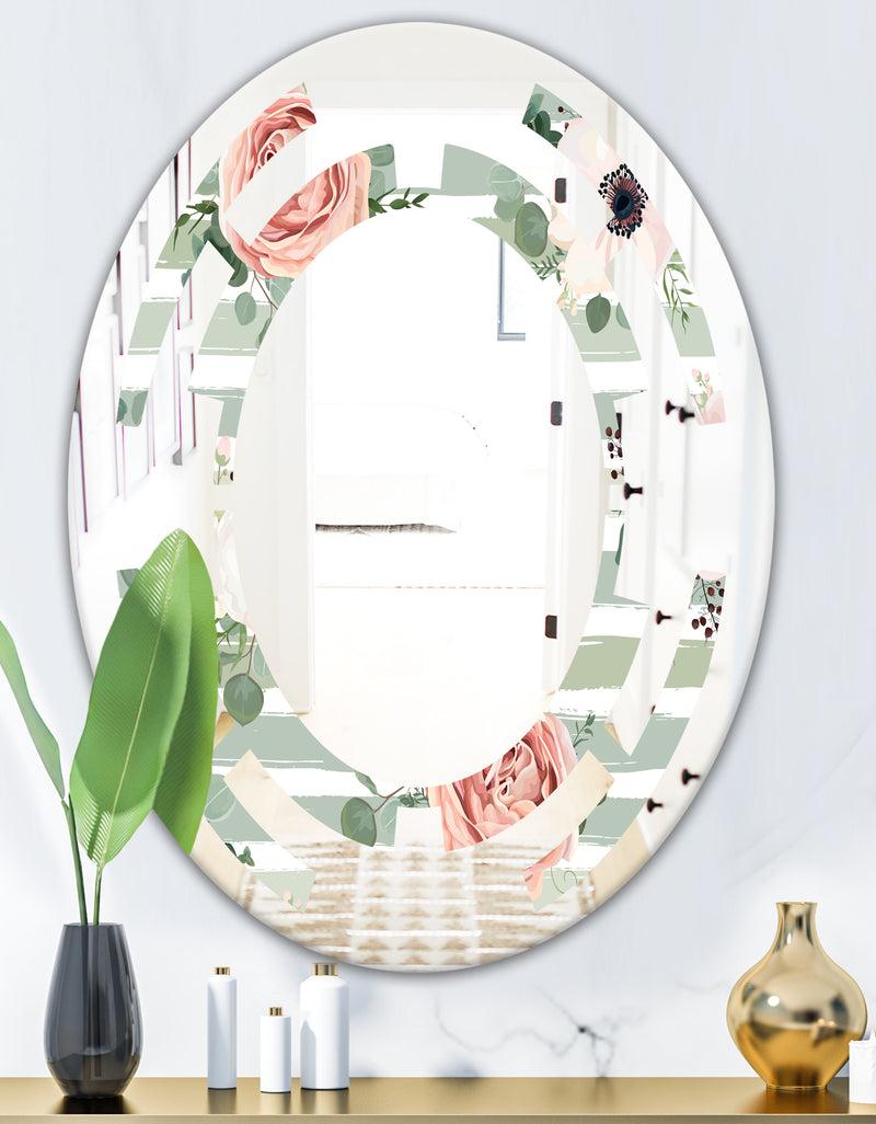 DesignQ Floral Retro Pattern V - Cottage Round Or Oval Wall Mirror - Space