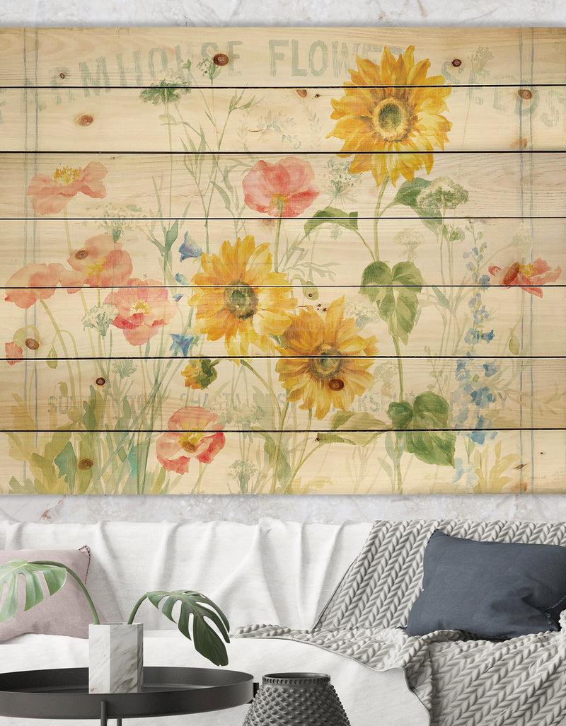 DesignQ Floursack Florals I - Floral & Botanical Print on Natural Pine Wood