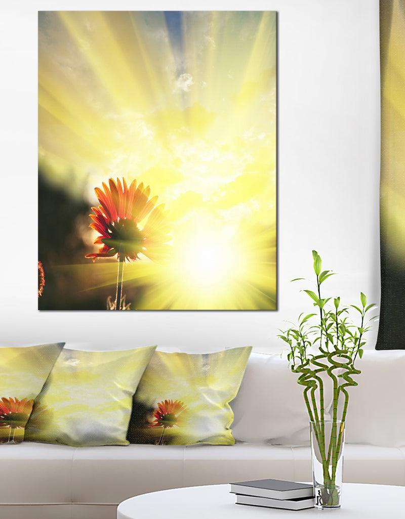 DesignQ Flower Against Bright Yellow Sunset - Modern Flower Canvas Art Print