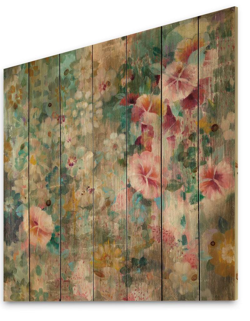 DesignQ Flower Shower III - Farmhouse Print On Natural Pine Wood