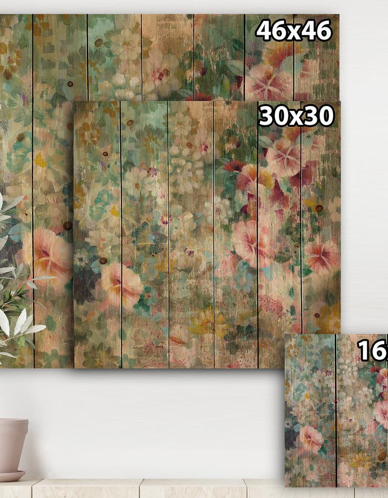 DesignQ Flower Shower III - Farmhouse Print On Natural Pine Wood