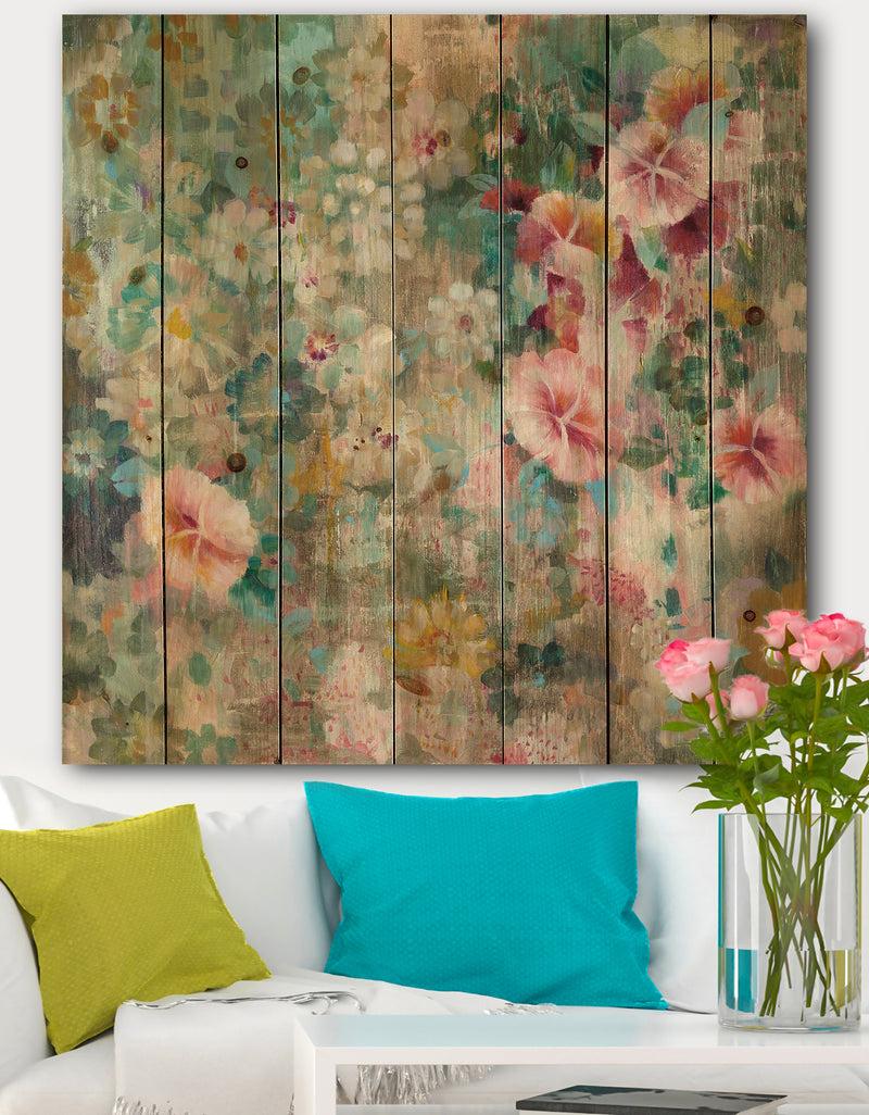 DesignQ Flower Shower III - Farmhouse Print on Natural Pine Wood