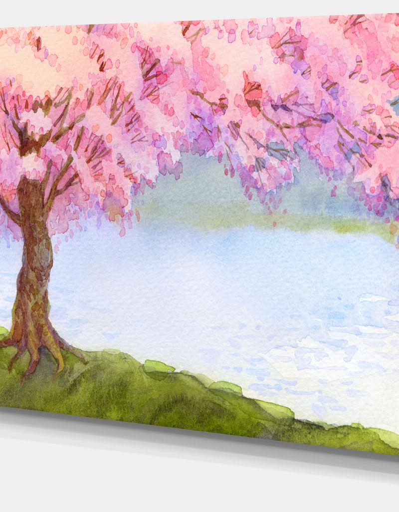 DesignQ Flowering Pink Tree By Lake - Floral Canvas Art Print